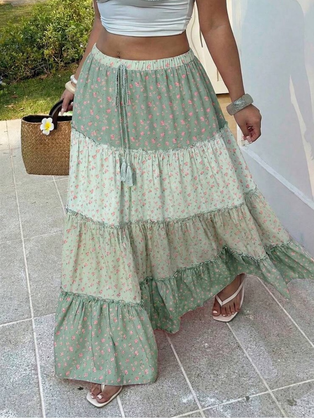 Sunnyshic Plus Size Women Casual Vacation Romantic Contrast Ditsy Summer Skirt